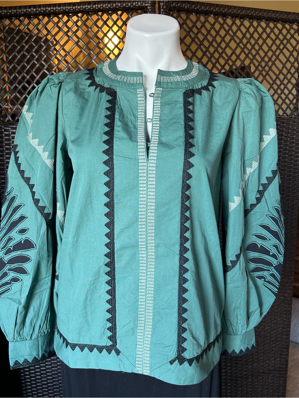 Embroidered Teal Puff-Sleeve Blouse